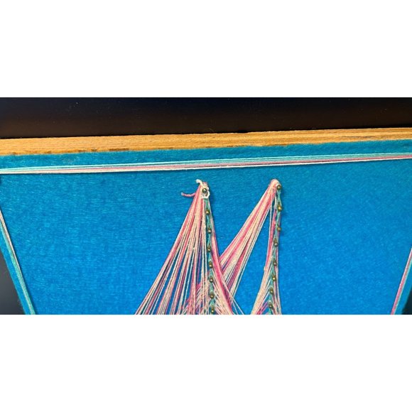 Vintage String Thread Art Sailing Ship 1970's Nail Blue Boat Felt Wood Backing - Picture 5 of 8